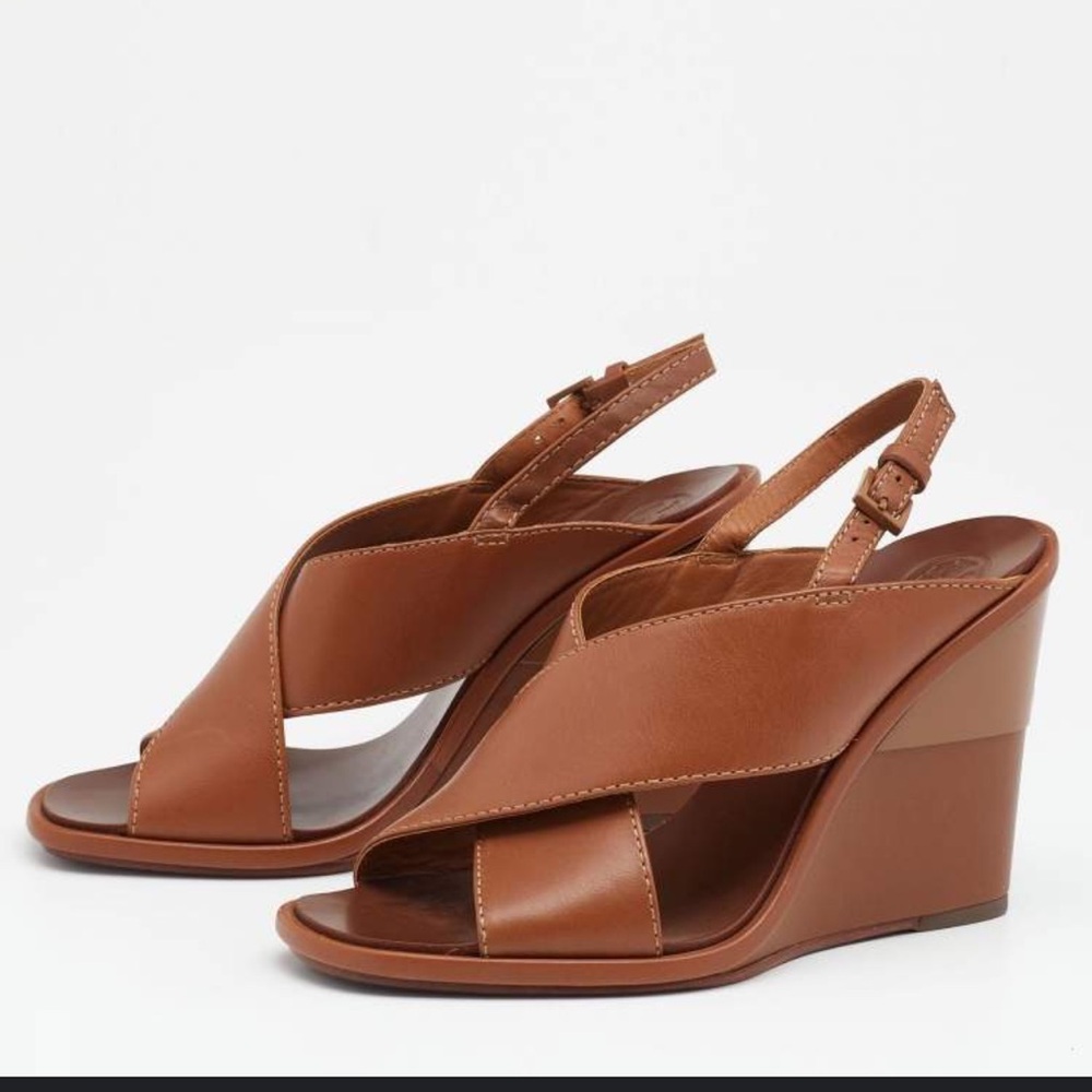 Tory Burch Brown Leather Wedge Sandals